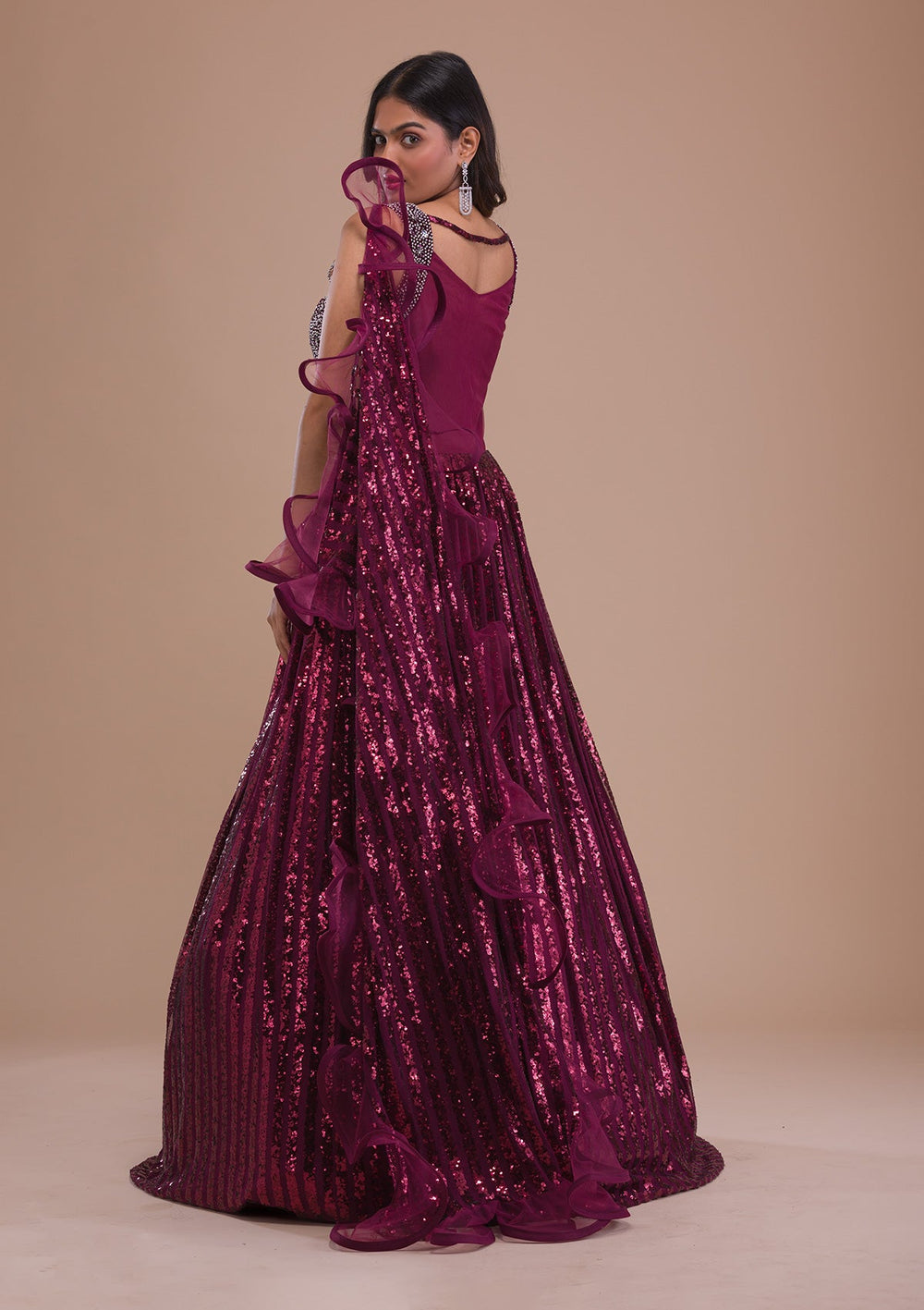 Wine Sequins Net Gown-Koskii
