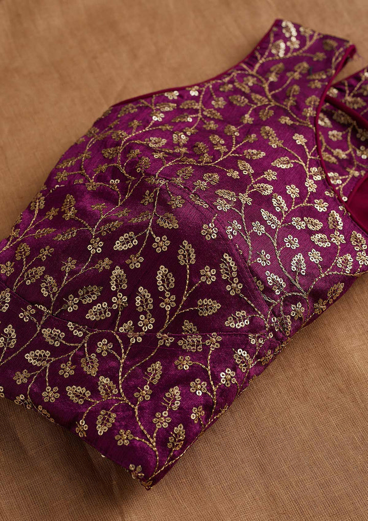 Wine Sequins Raw Silk Blouse-Koskii