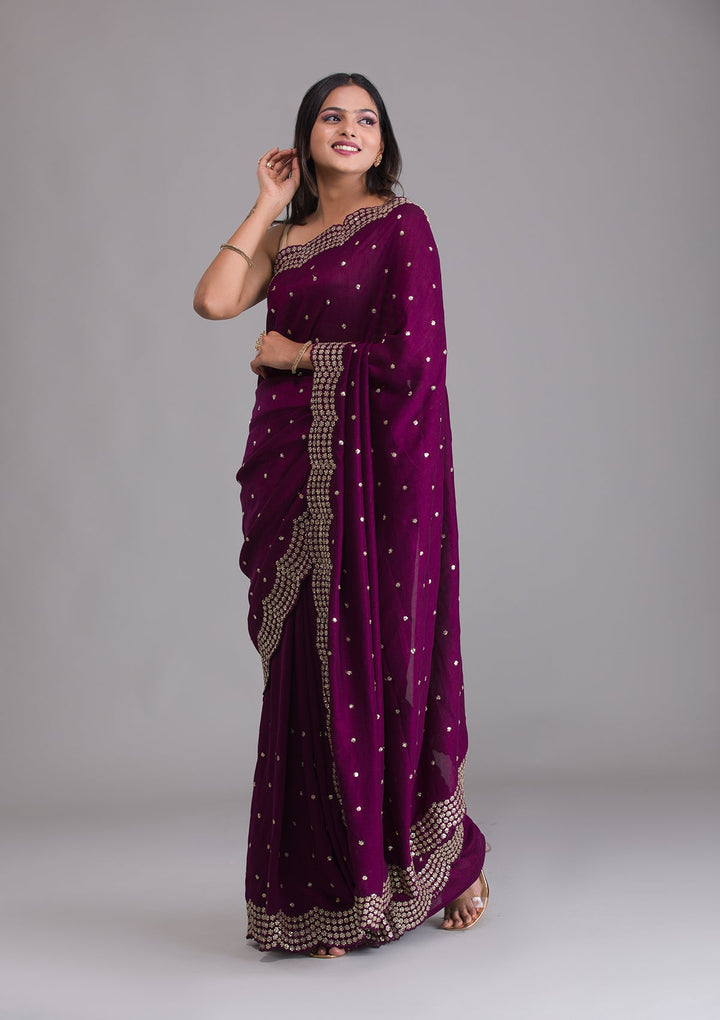 Wine Sequins Raw Silk Saree-Koskii
