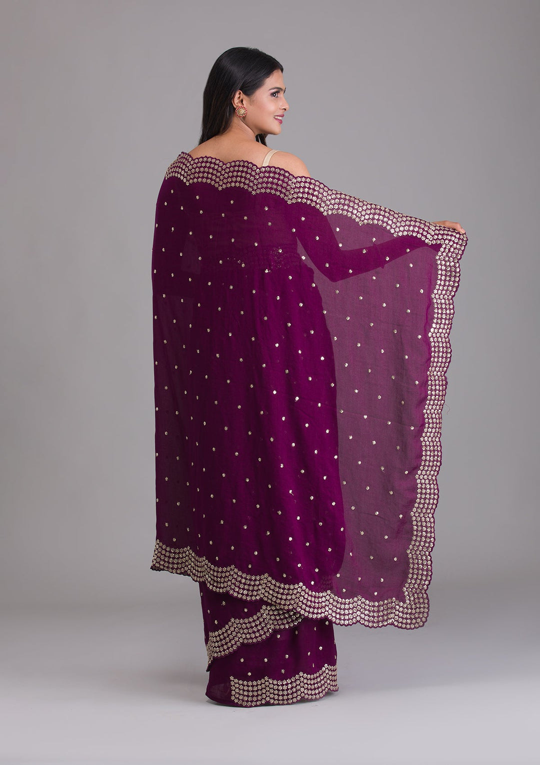 Wine Sequins Raw Silk Saree-Koskii