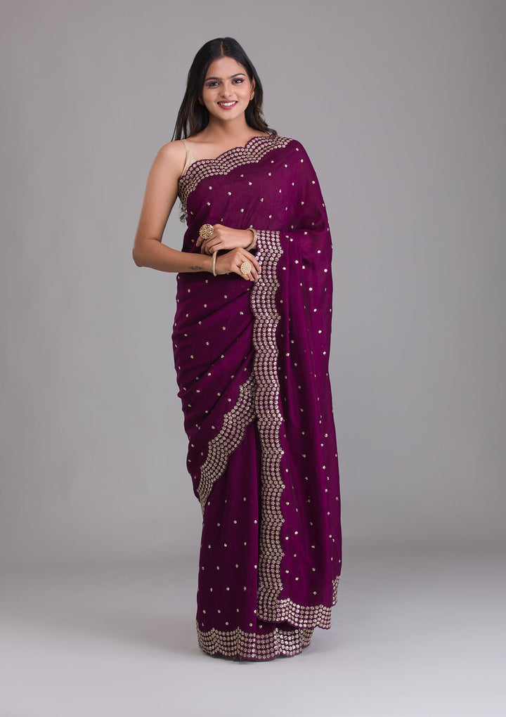 Wine Sequins Raw Silk Saree-Koskii