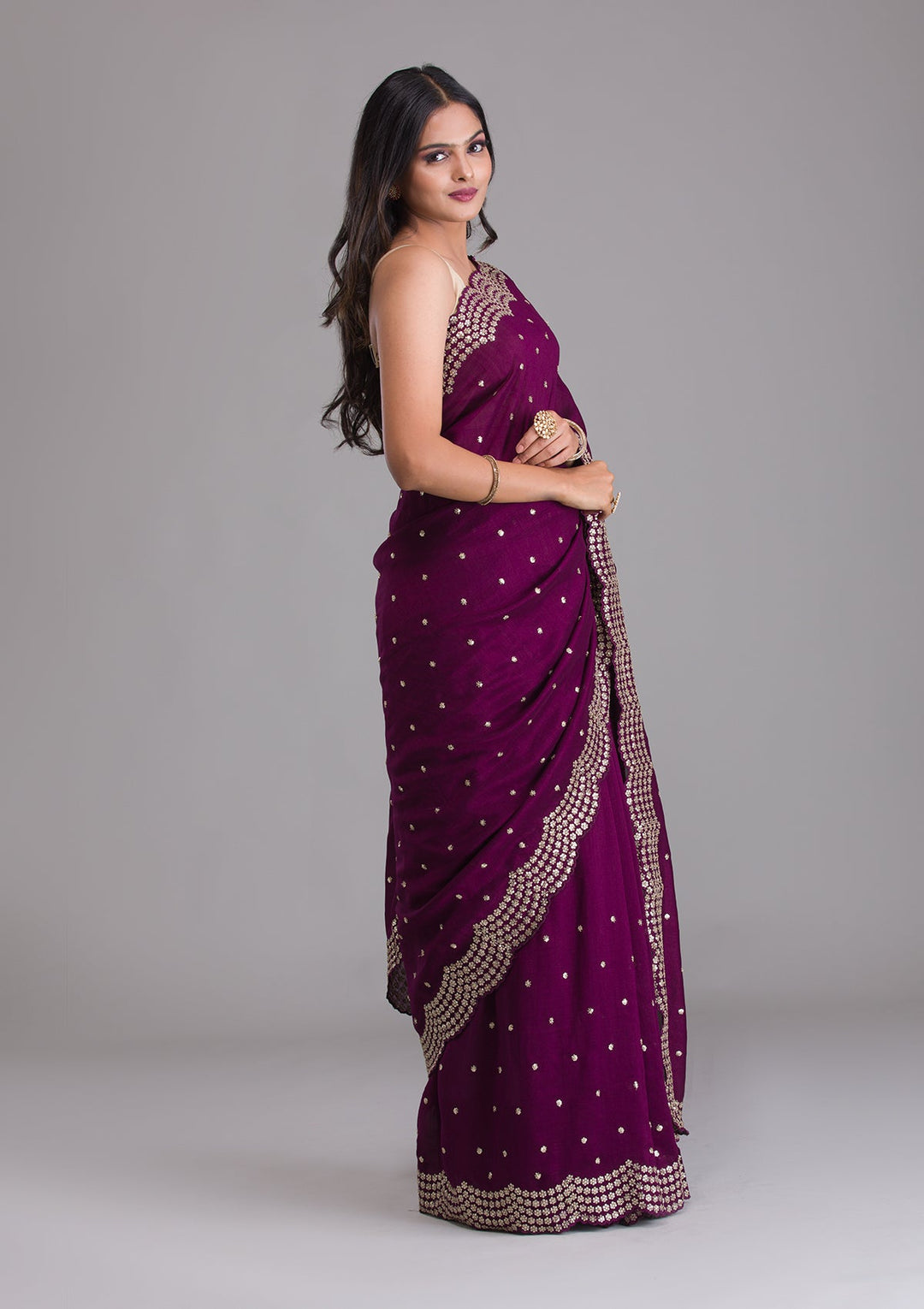 Wine Sequins Raw Silk Saree-Koskii