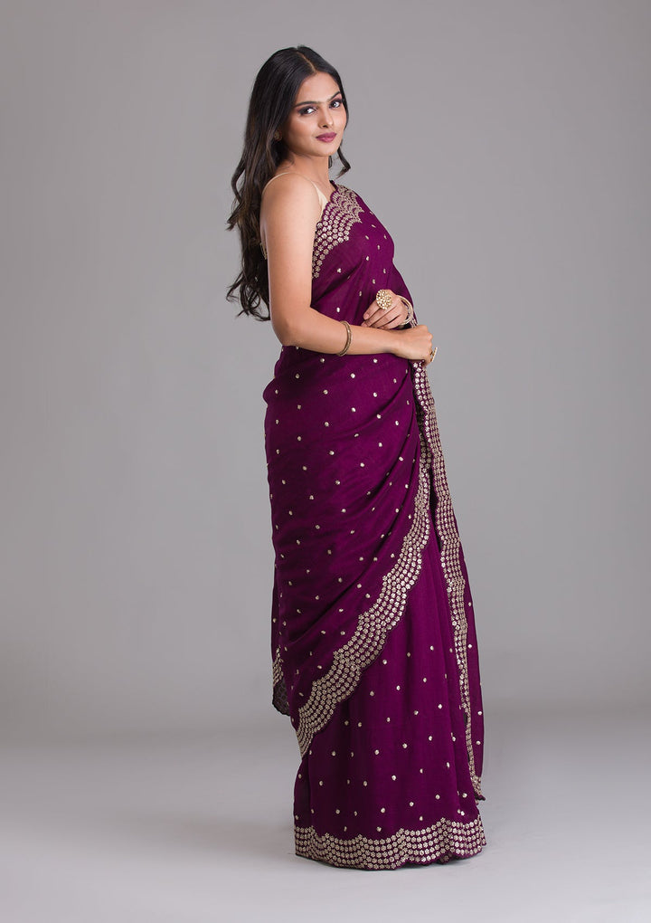 Wine Sequins Raw Silk Saree-Koskii