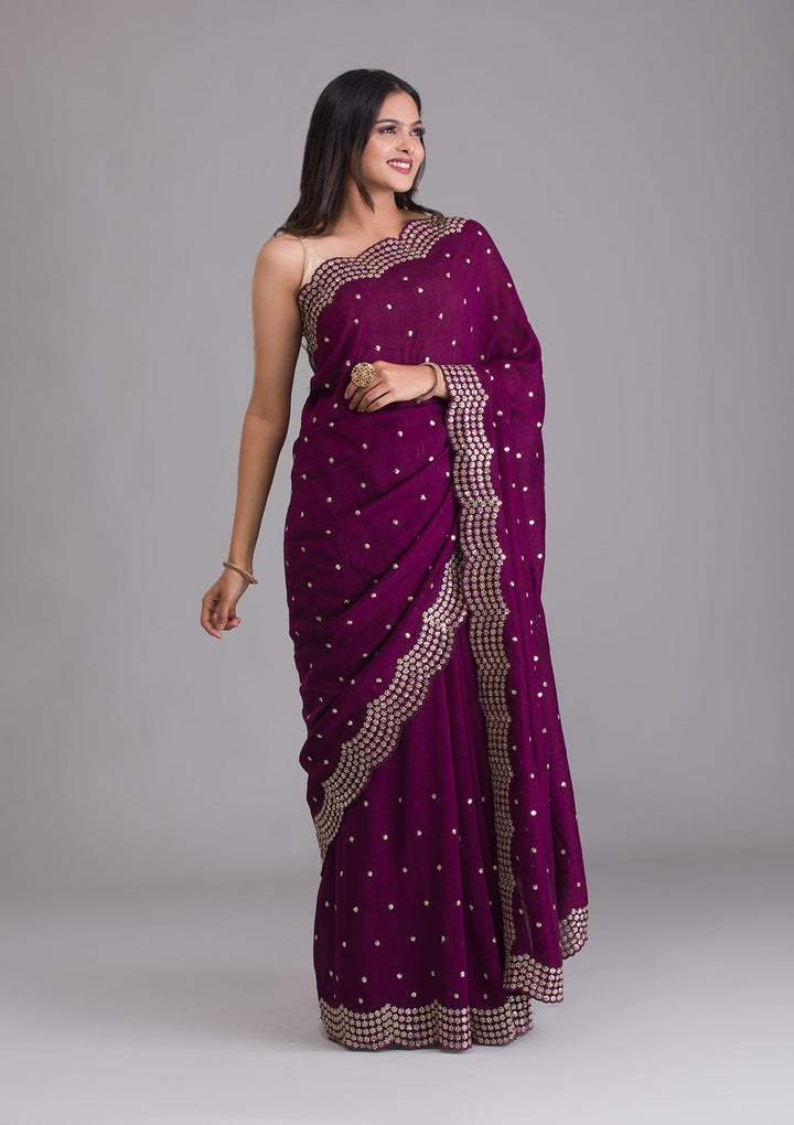 Wine Sequins Raw Silk Saree-Koskii