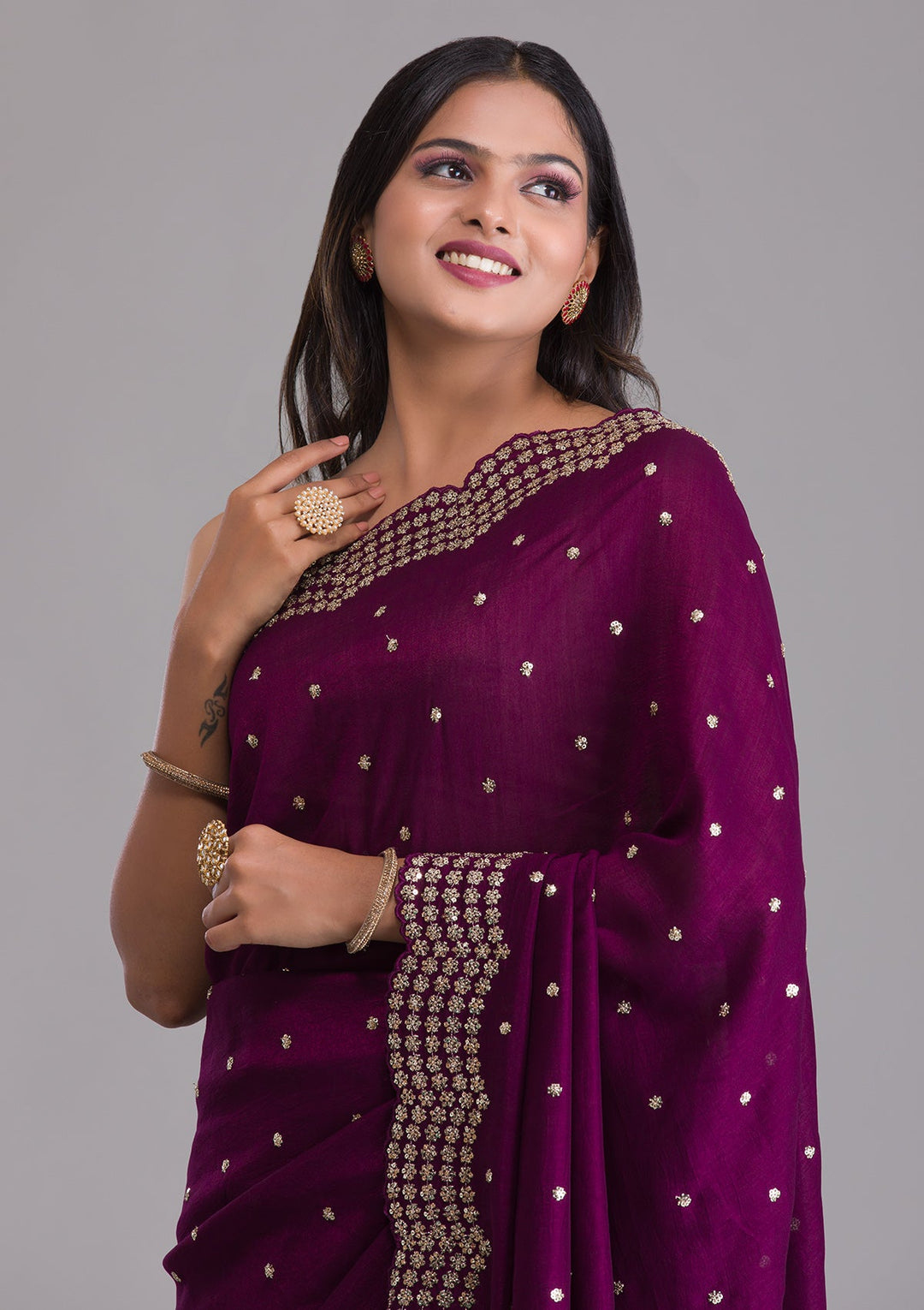 Wine Sequins Raw Silk Saree-Koskii