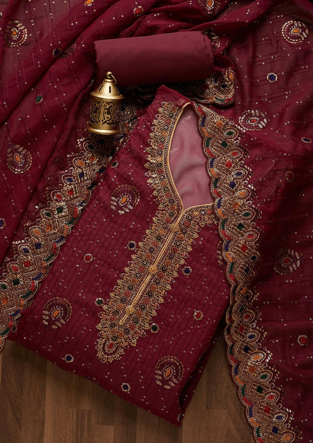 Wine Sequins Semi Crepe Semi-Stitched Salwar Suit- Koskii