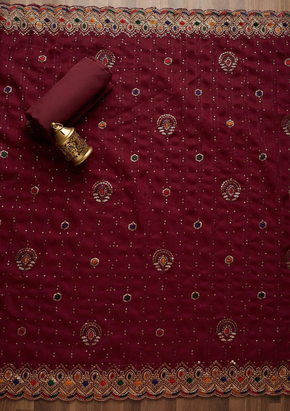 Wine Sequins Semi Crepe Semi-Stitched Salwar Suit - Koskii