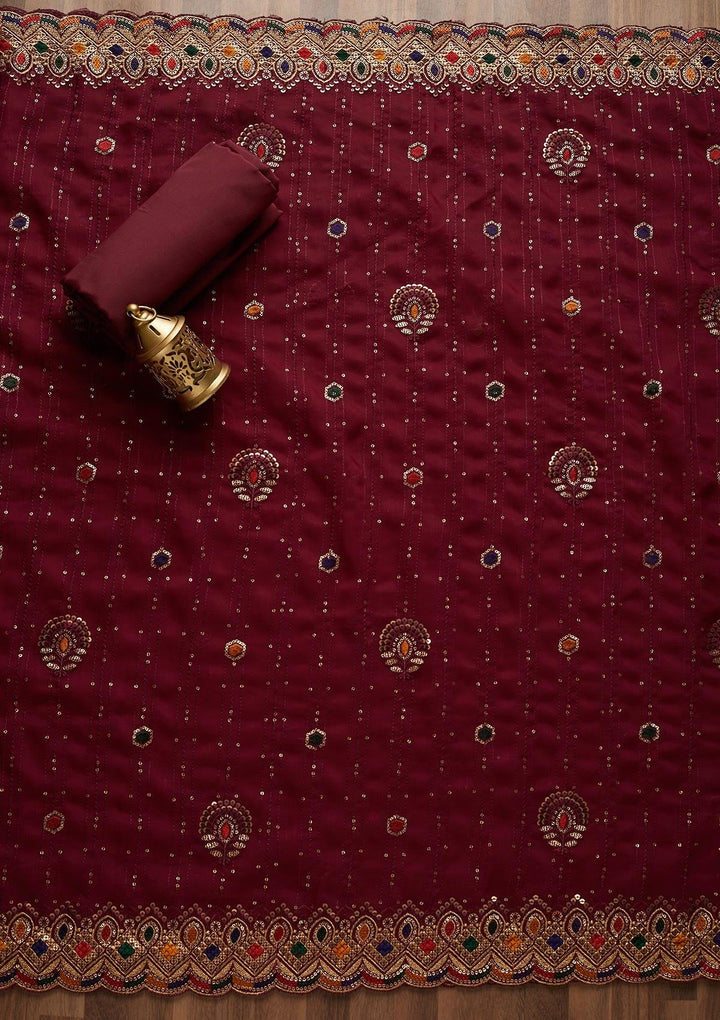 Wine Sequins Semi Crepe Semi-Stitched Salwar Suit - Koskii