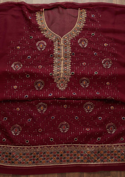 Wine Sequins Semi Crepe Semi-Stitched Salwar Suit - Koskii