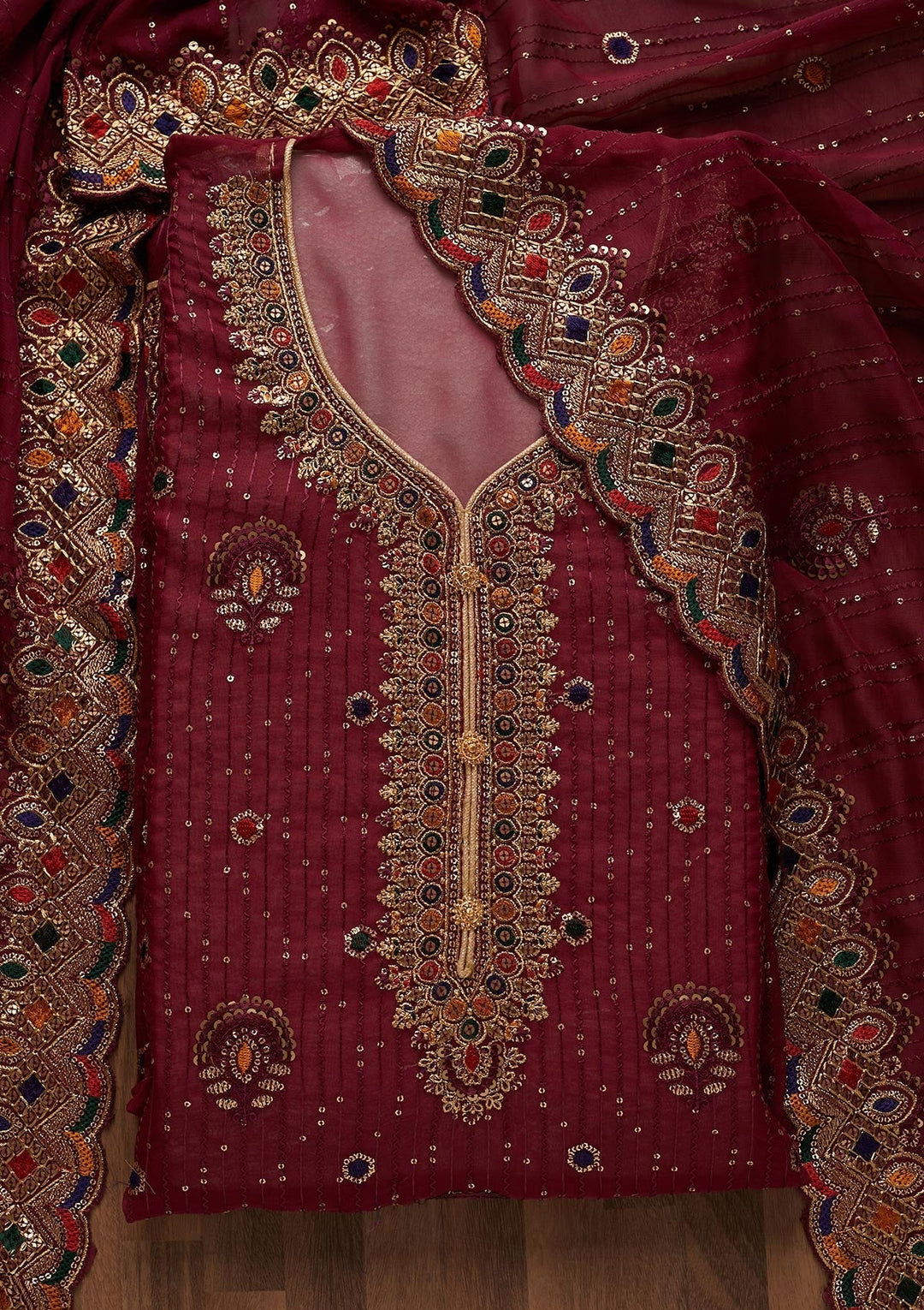 Wine Sequins Semi Crepe Semi-Stitched Salwar Suit - Koskii
