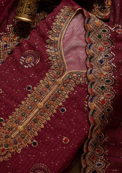 Wine Sequins Semi Crepe Semi-Stitched Salwar Suit - Koskii