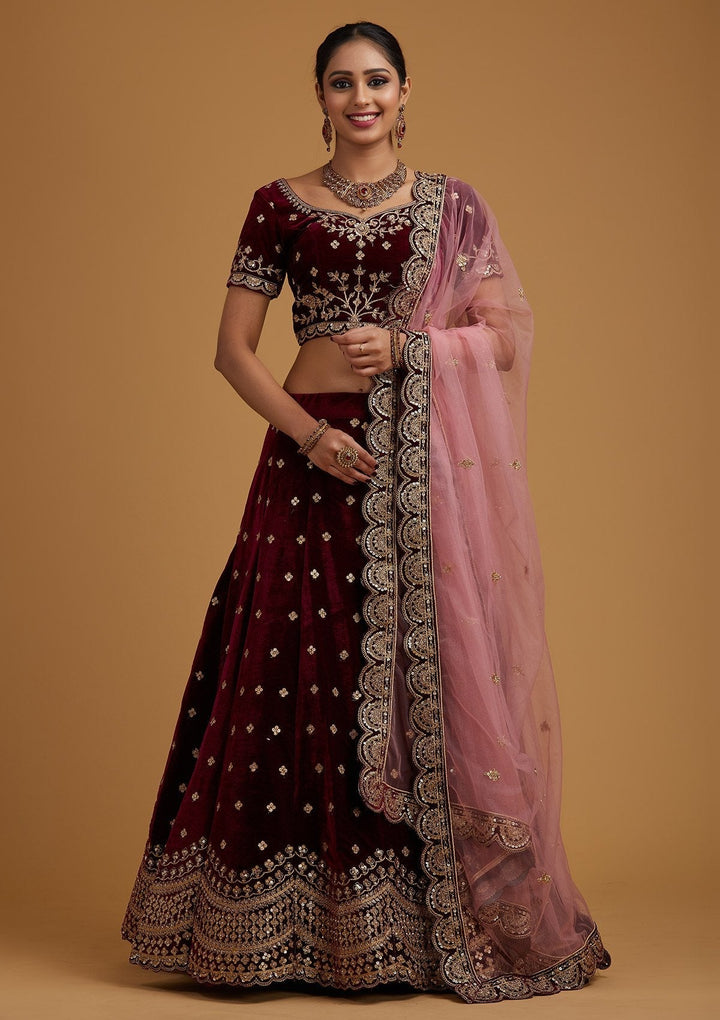 Wine Sequins Velvet Designer Semi-Stitched Lehenga - koskii