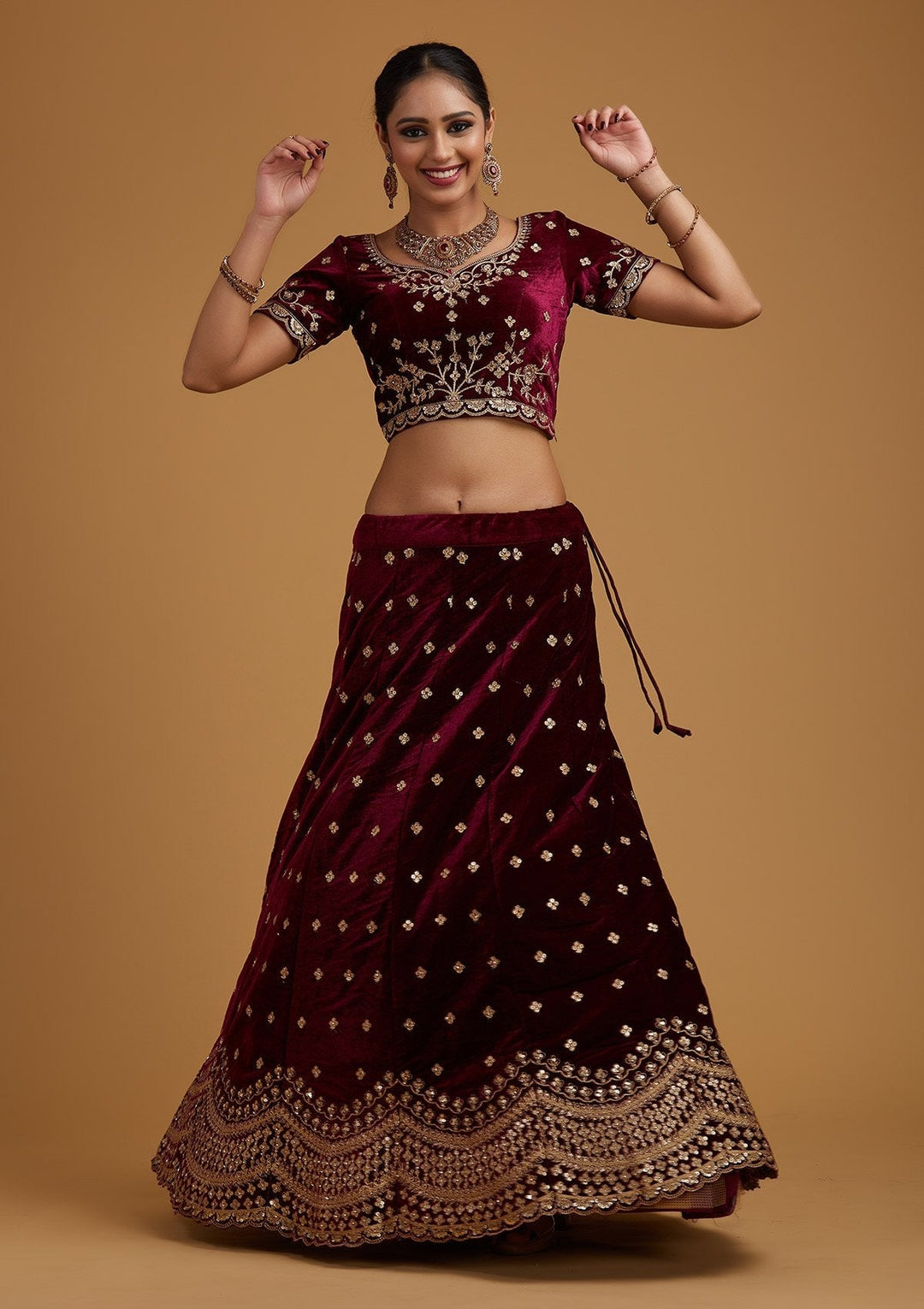Wine Sequins Velvet Designer Semi-Stitched Lehenga - koskii