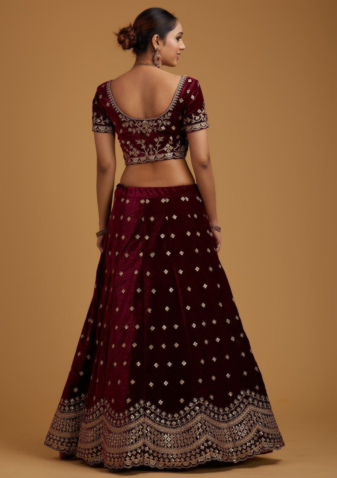 Wine Sequins Velvet Designer Semi-Stitched Lehenga - koskii