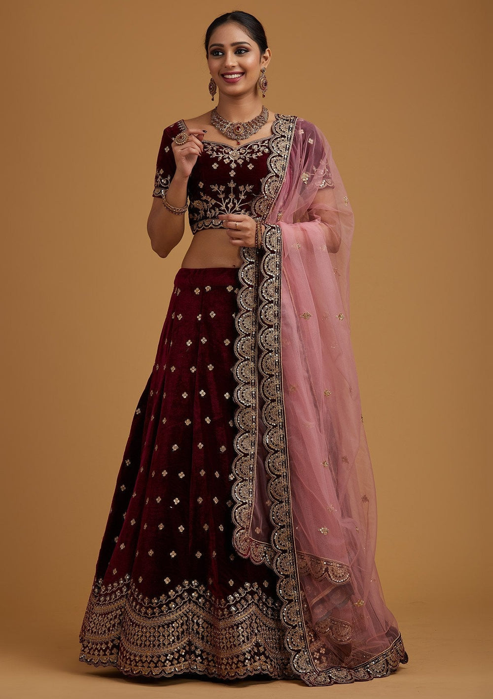 Wine Sequins Velvet Designer Semi-Stitched Lehenga - koskii