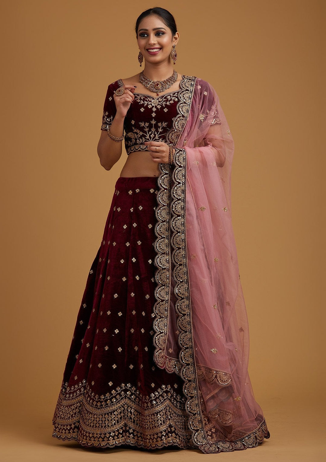 Wine Sequins Velvet Designer Semi-Stitched Lehenga - koskii