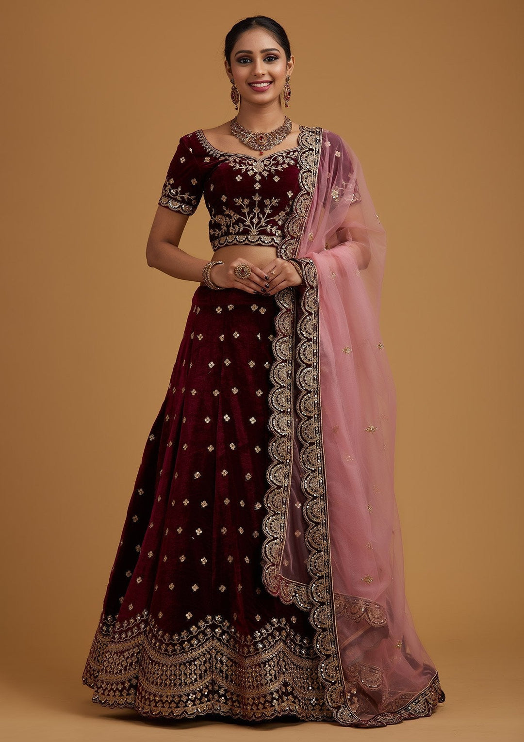 Wine Sequins Velvet Designer Semi-Stitched Lehenga - koskii