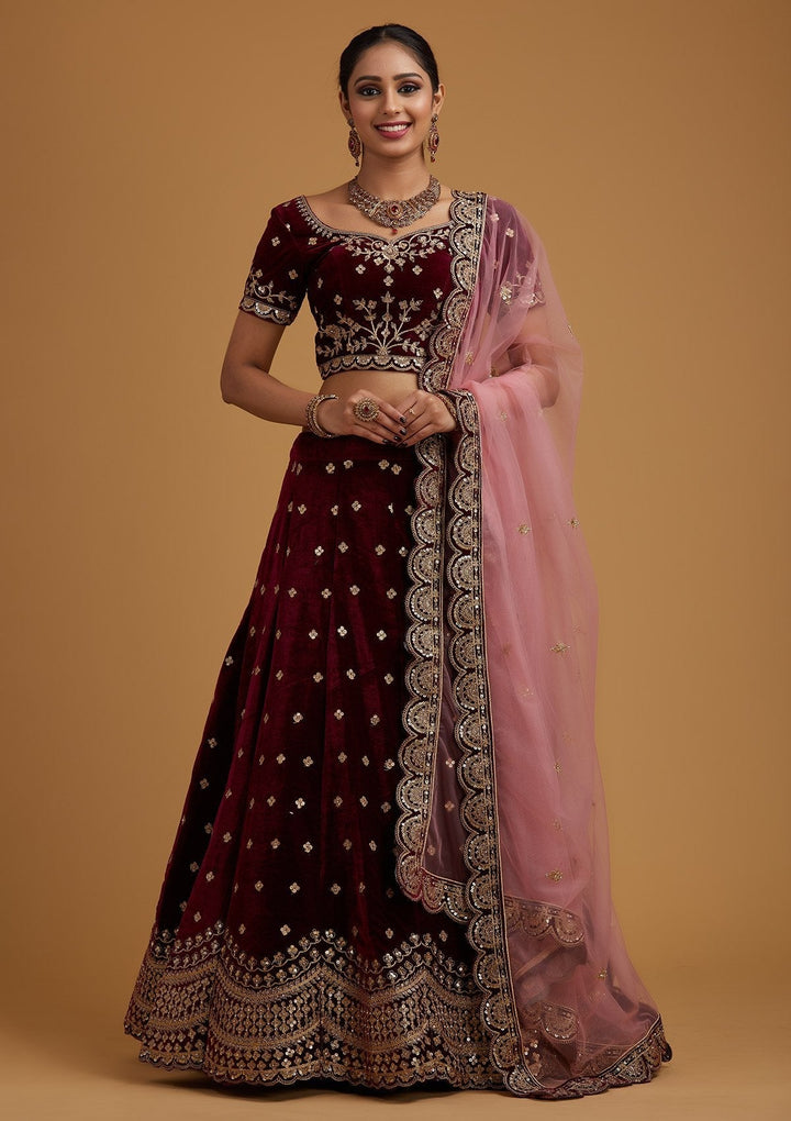 Wine Sequins Velvet Designer Semi-Stitched Lehenga - koskii