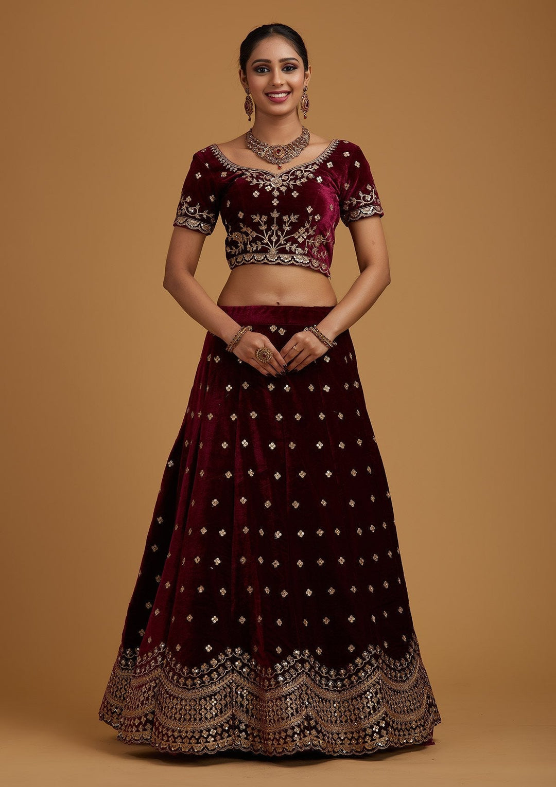 Wine Sequins Velvet Designer Semi-Stitched Lehenga - koskii