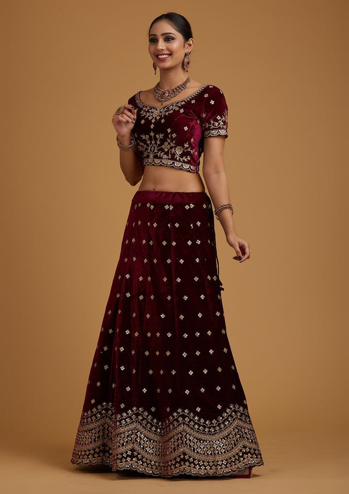 Wine Sequins Velvet Designer Semi-Stitched Lehenga - koskii