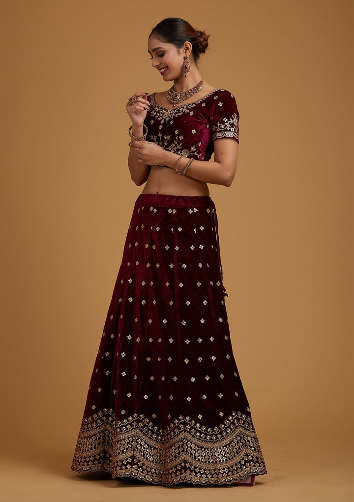 Wine Sequins Velvet Designer Semi-Stitched Lehenga - koskii
