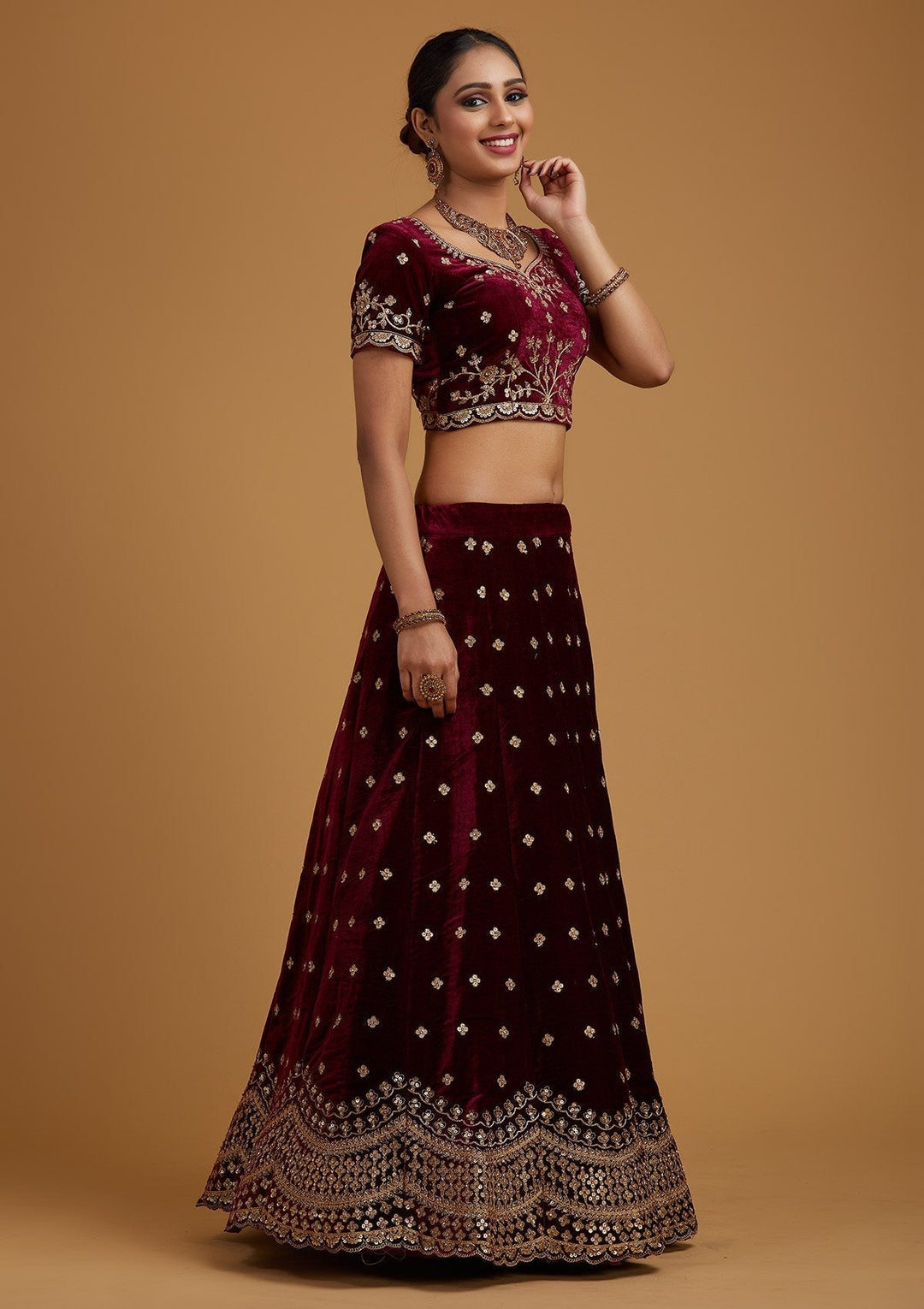 Wine Sequins Velvet Designer Semi-Stitched Lehenga - koskii