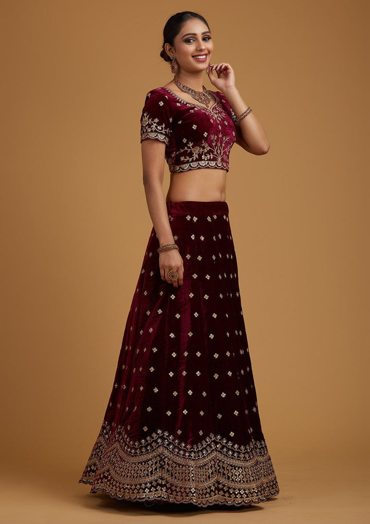 Wine Sequins Velvet Designer Semi-Stitched Lehenga - koskii