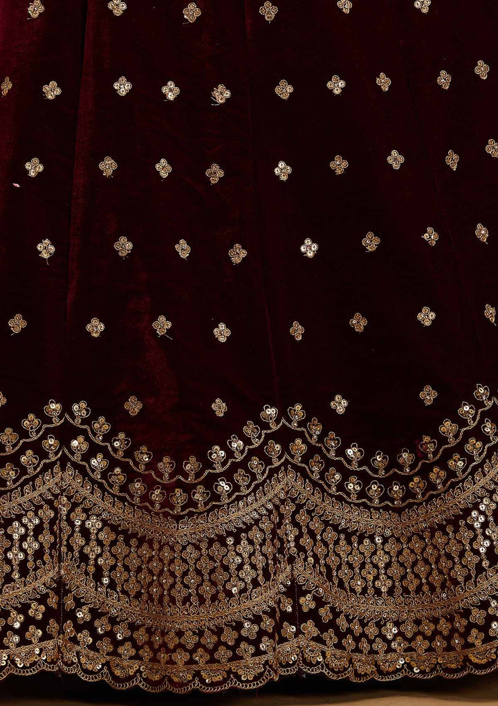 Wine Sequins Velvet Designer Semi-Stitched Lehenga - koskii