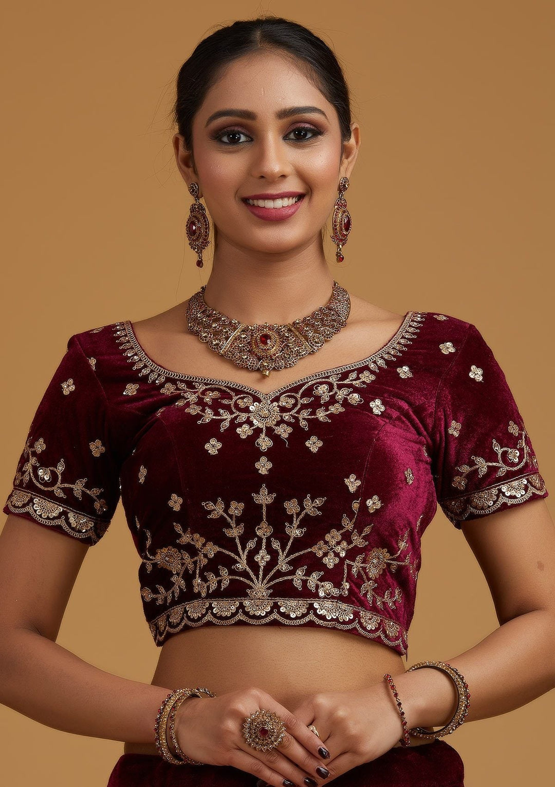 Wine Sequins Velvet Designer Semi-Stitched Lehenga - koskii