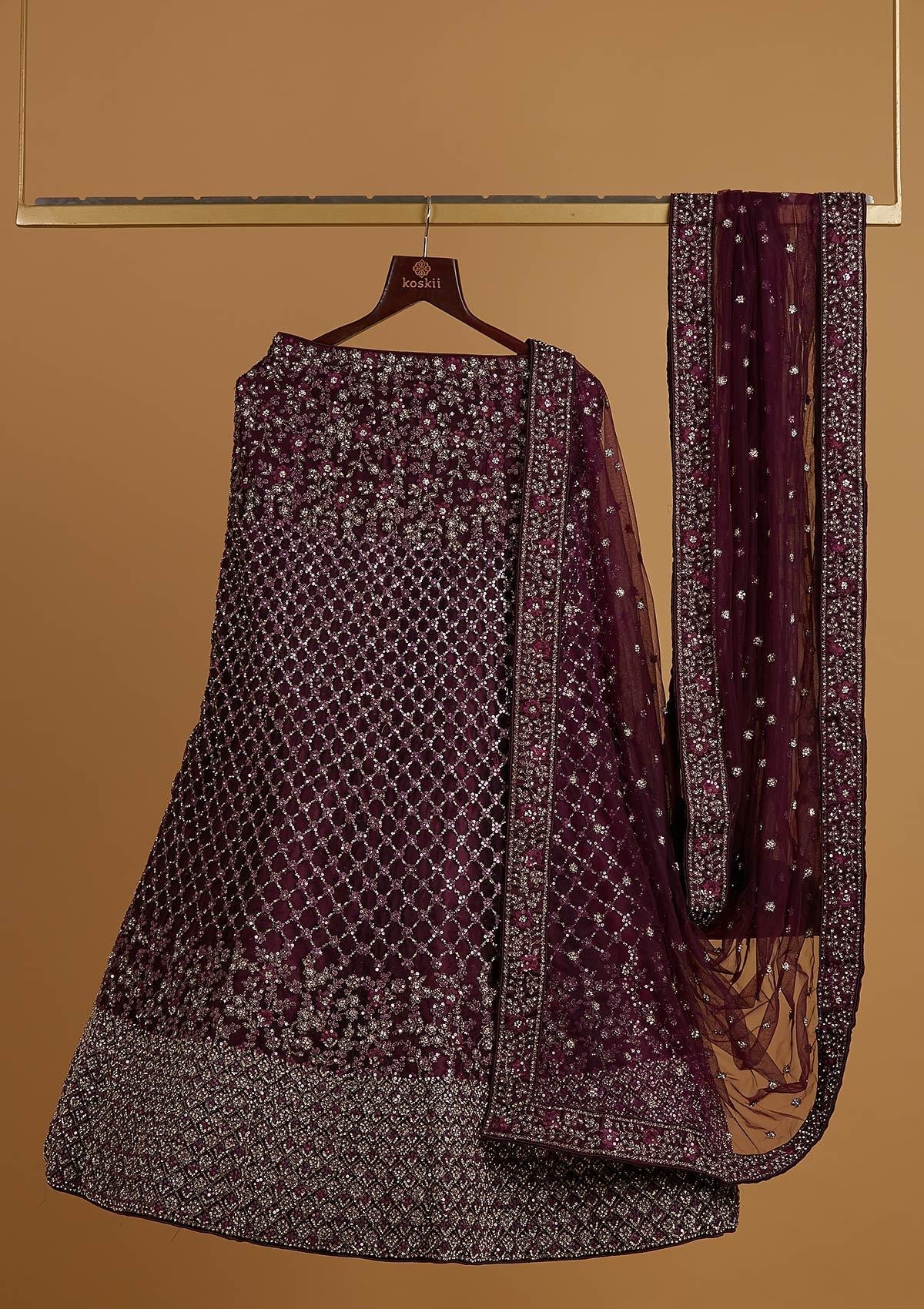 Wine Silver Stonework Net Designer Semi-Stitched Lehenga - koskii