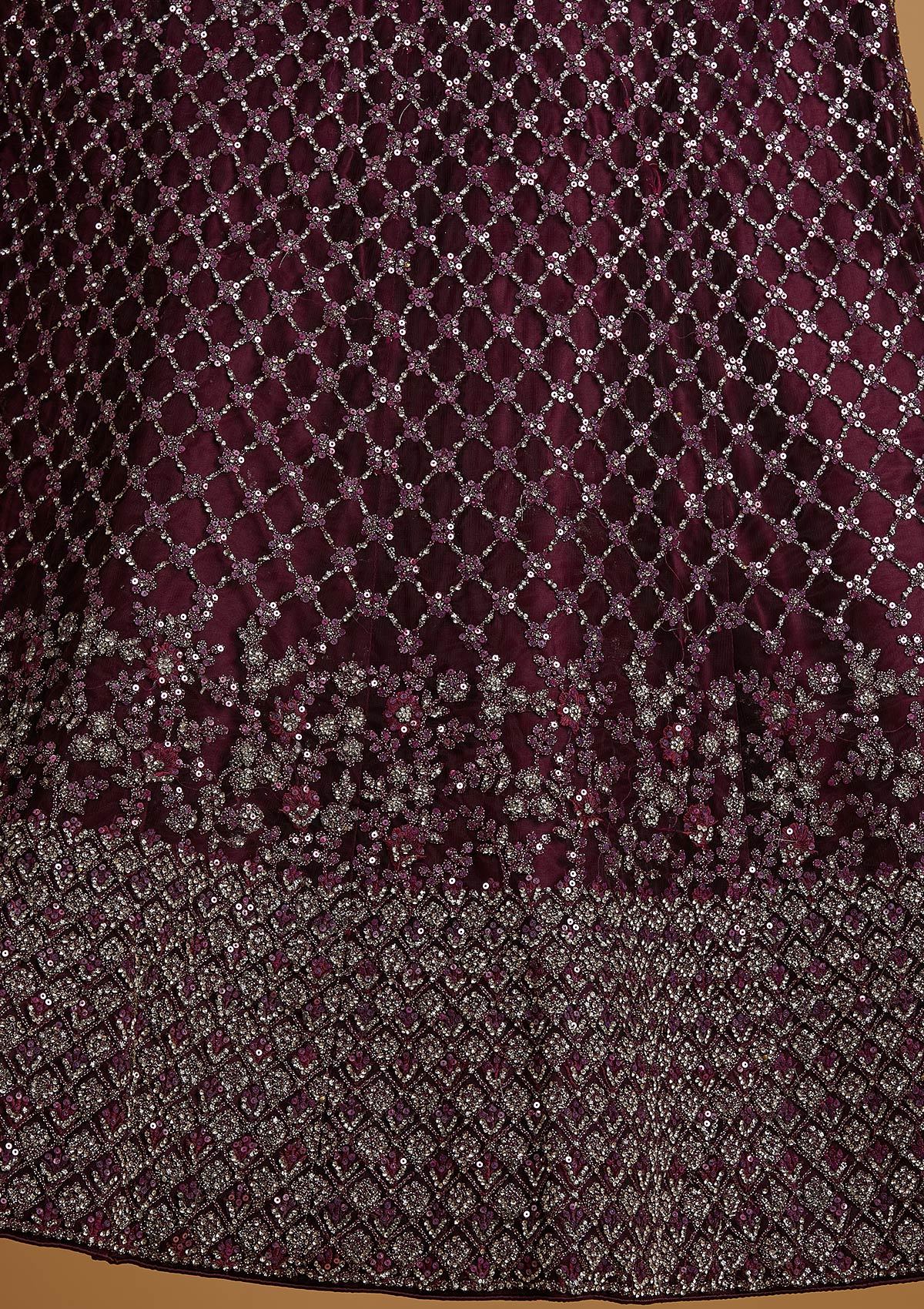 Wine Silver Stonework Net Designer Semi-Stitched Lehenga - koskii