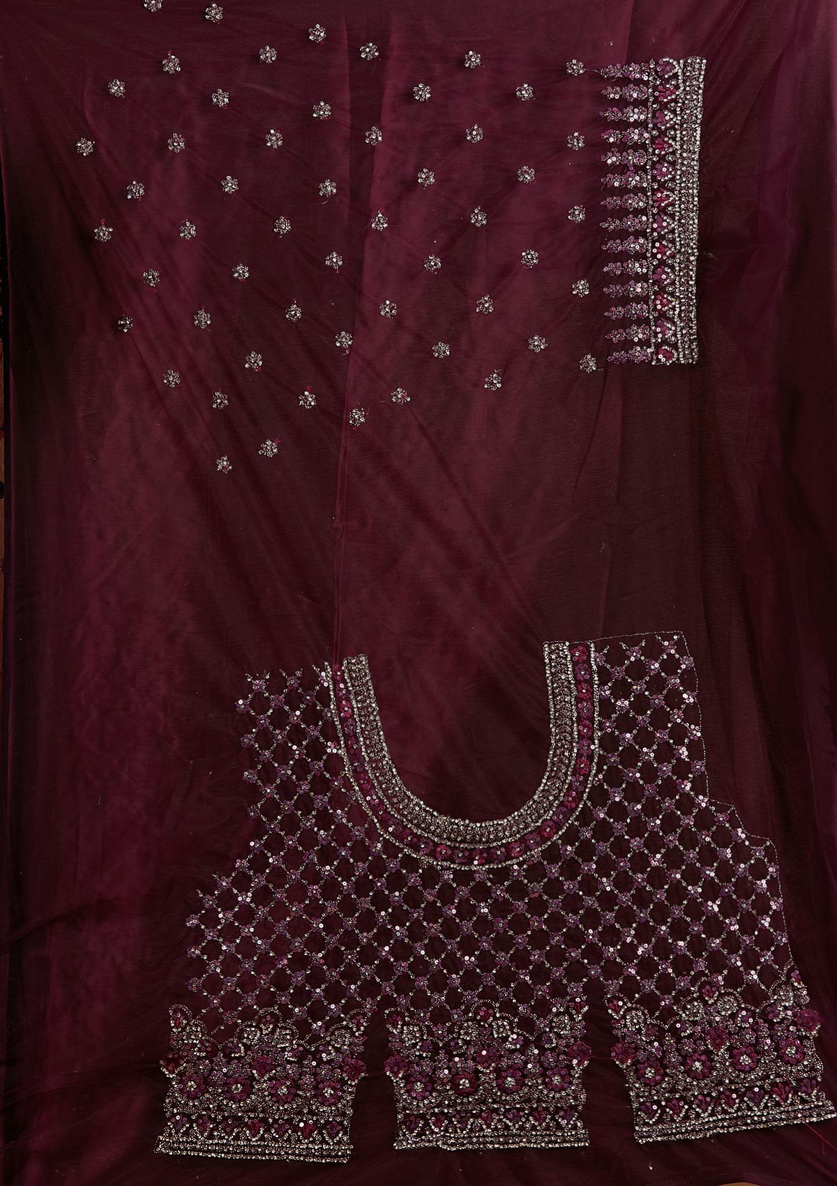 Wine Silver Stonework Net Designer Semi-Stitched Lehenga - koskii