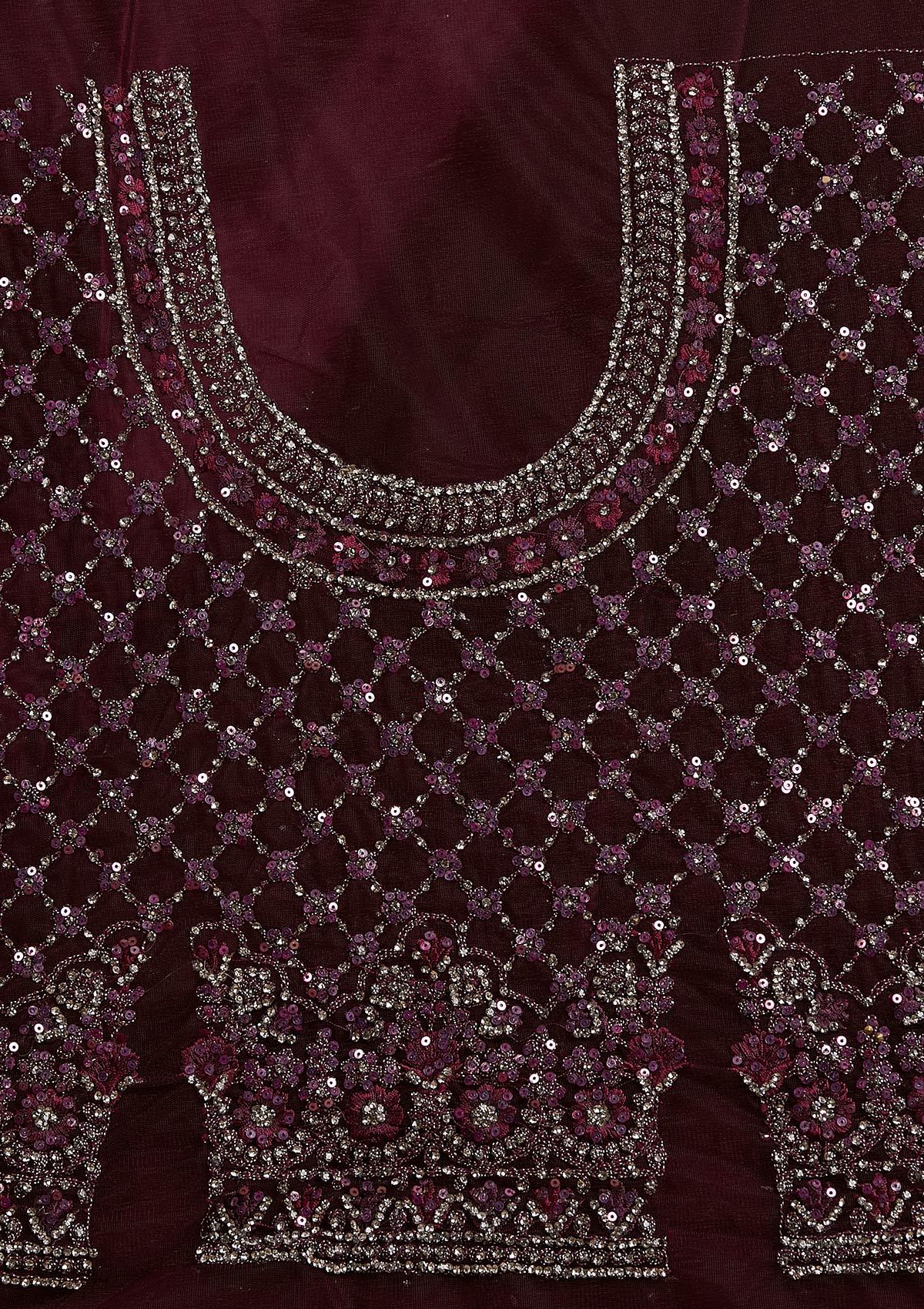 Wine Silver Stonework Net Designer Semi-Stitched Lehenga - koskii