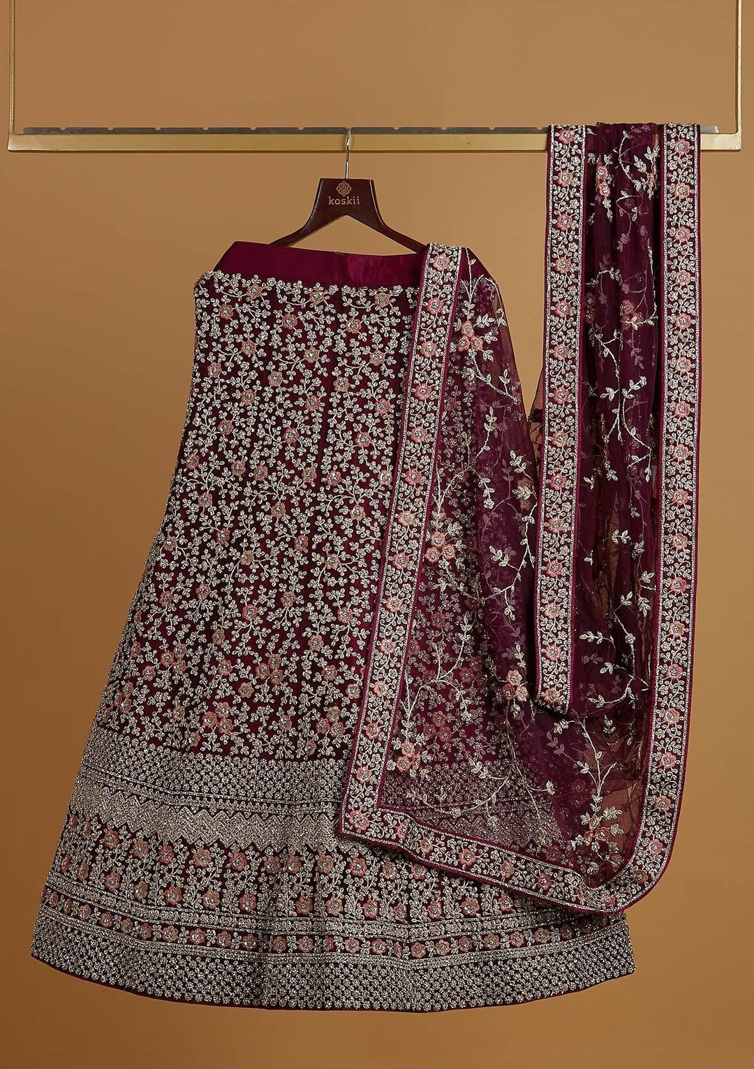Wine Silver Stonework Raw Silk Designer Semi-Stitched Lehenga - koskii