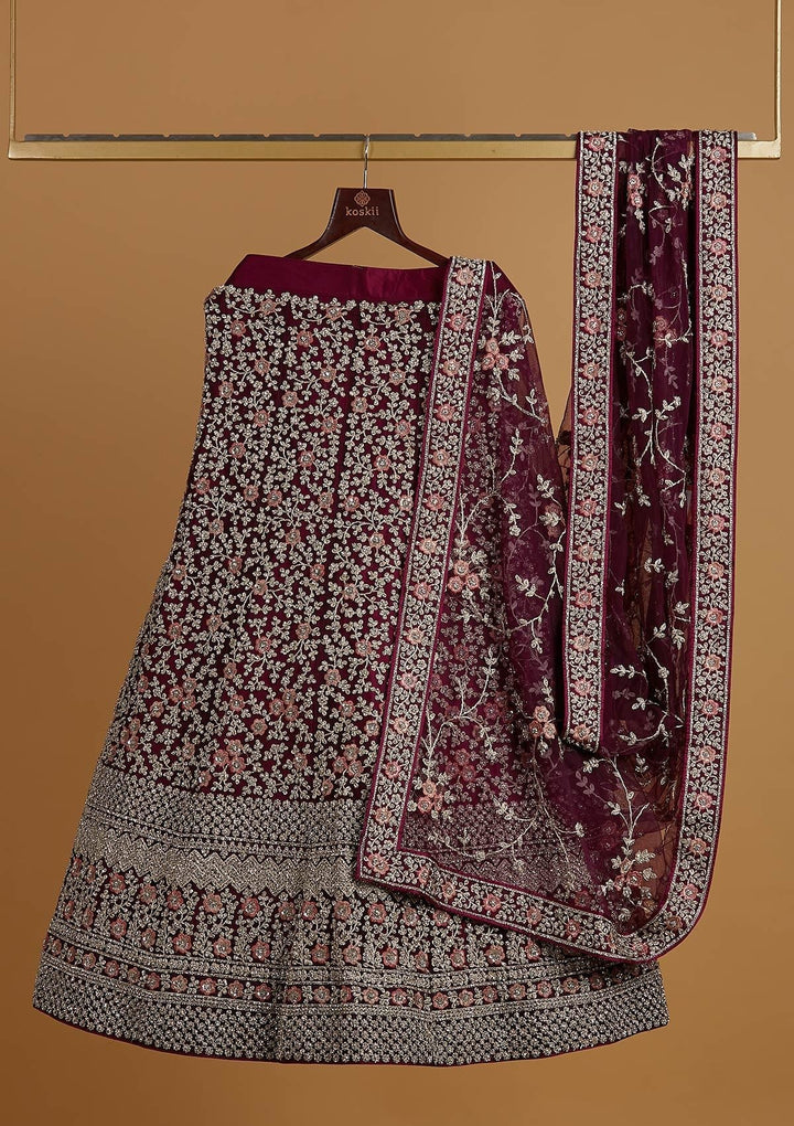 Wine Silver Stonework Raw Silk Designer Semi-Stitched Lehenga - koskii