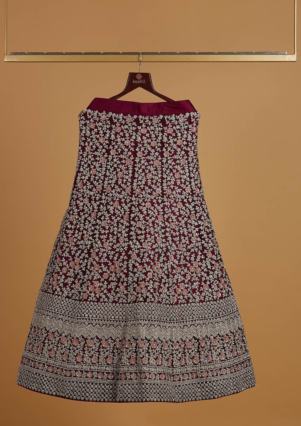 Wine Silver Stonework Raw Silk Designer Semi-Stitched Lehenga - koskii