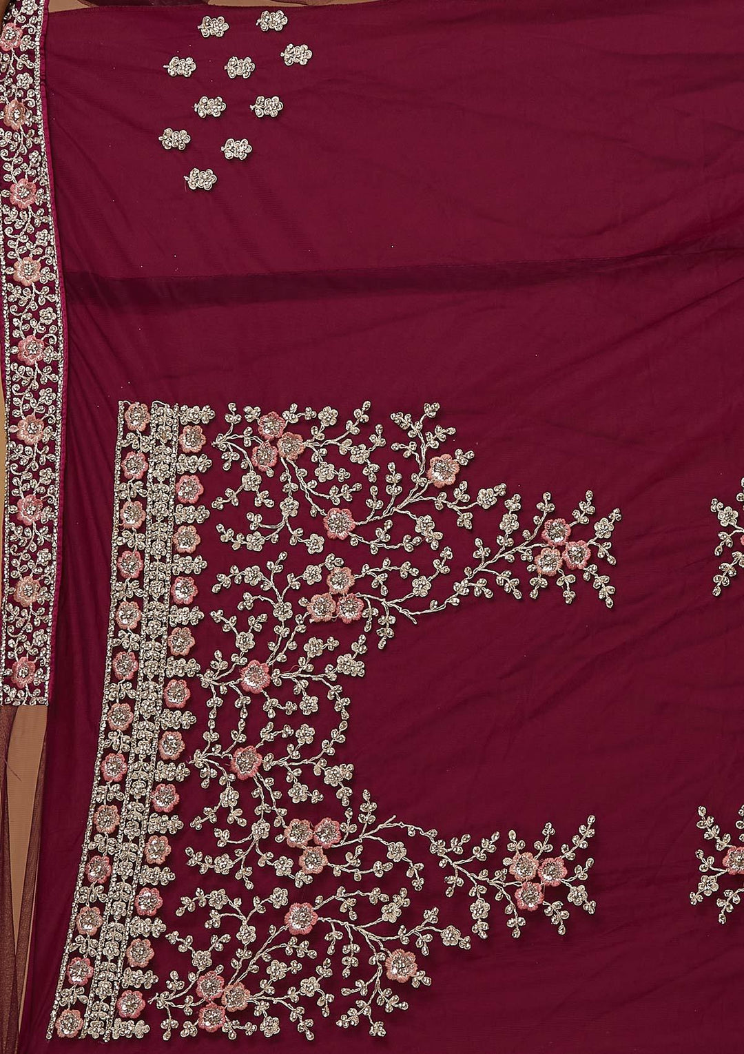 Wine Silver Stonework Raw Silk Designer Semi-Stitched Lehenga - koskii