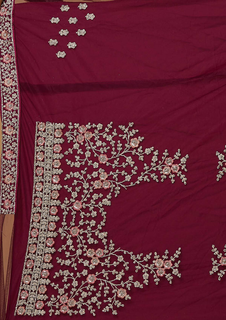 Wine Silver Stonework Raw Silk Designer Semi-Stitched Lehenga - koskii