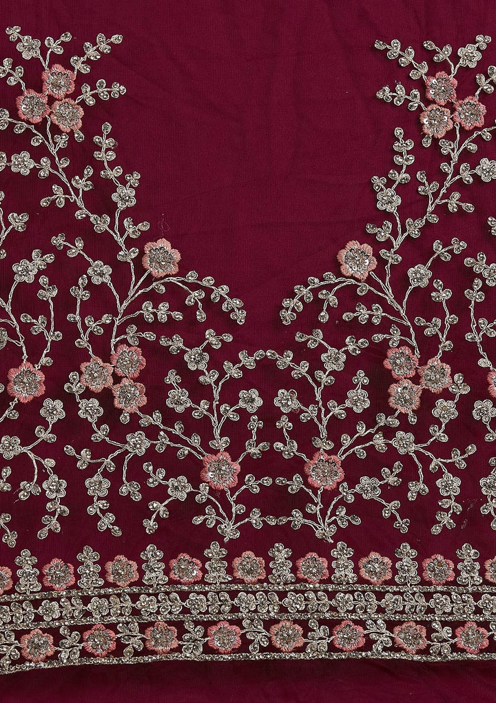 Wine Silver Stonework Raw Silk Designer Semi-Stitched Lehenga - koskii