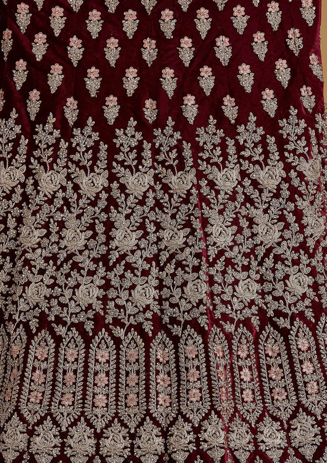 Wine Silver Stonework Velvet Designer Semi-Stitched Lehenga - koskii