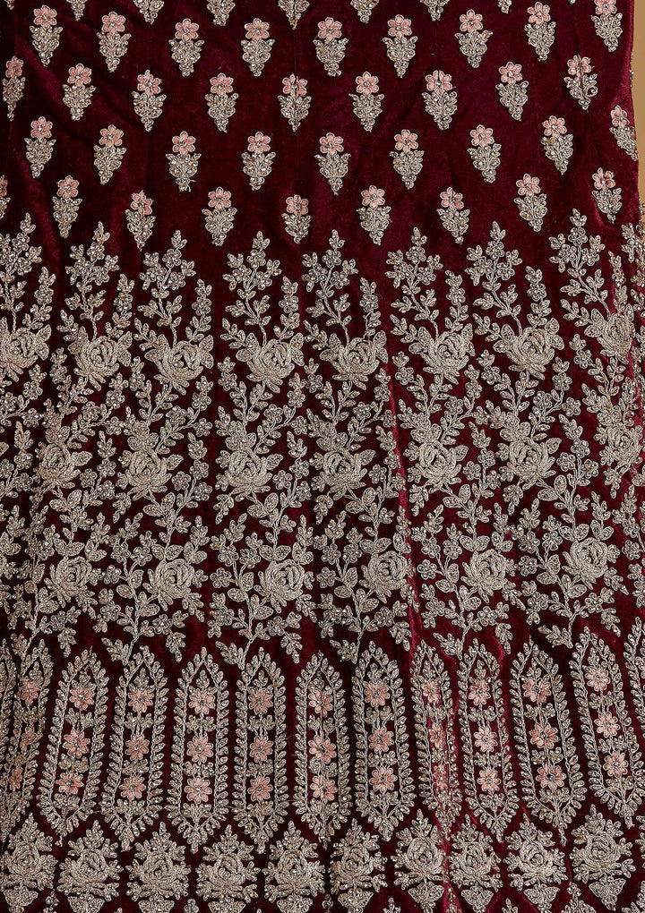 Wine Silver Stonework Velvet Designer Semi-Stitched Lehenga - koskii