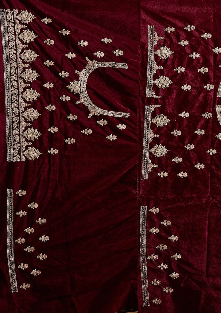 Wine Silver Stonework Velvet Designer Semi-Stitched Lehenga - koskii
