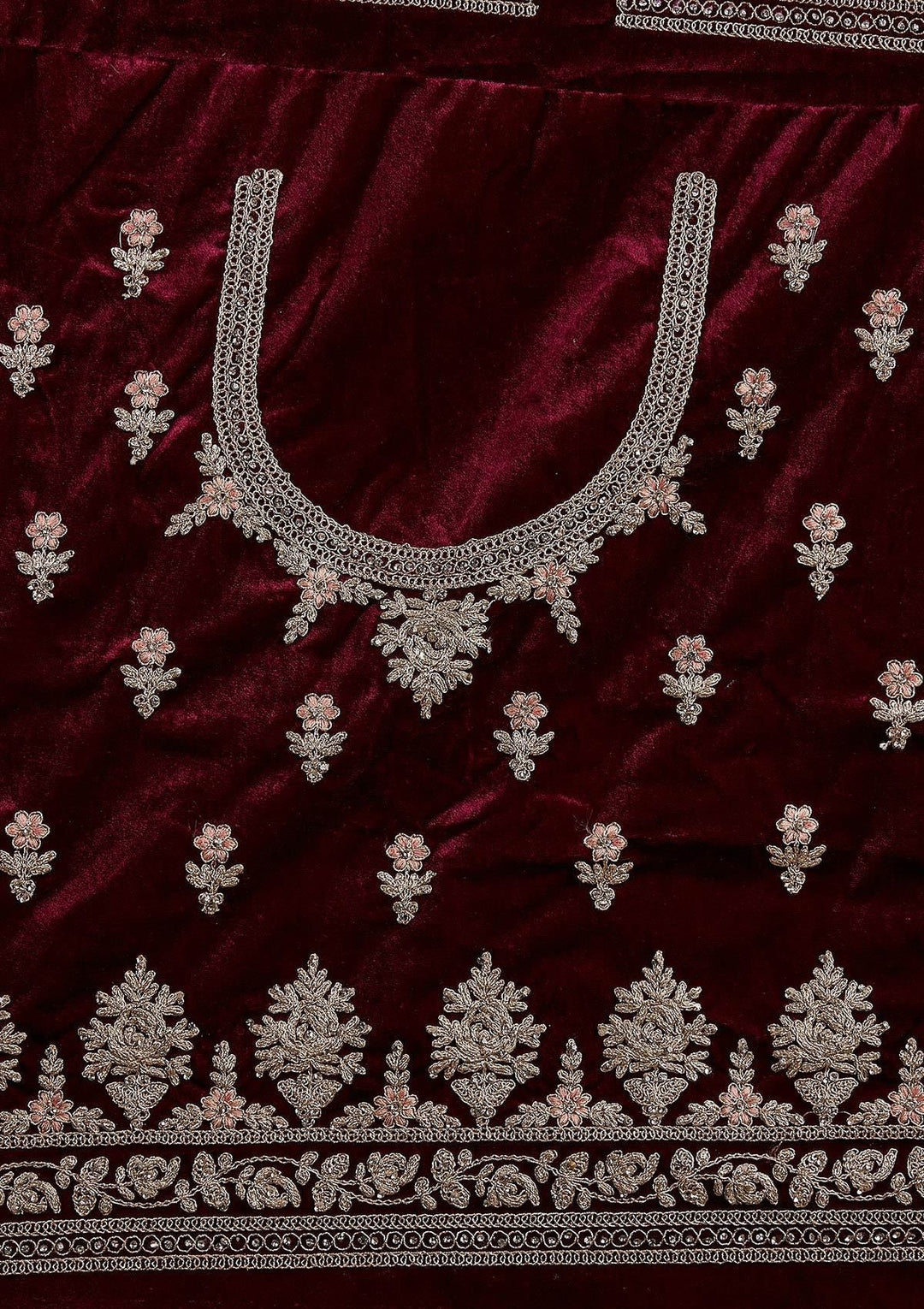 Wine Silver Stonework Velvet Designer Semi-Stitched Lehenga - koskii