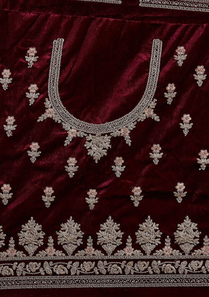 Wine Silver Stonework Velvet Designer Semi-Stitched Lehenga - koskii
