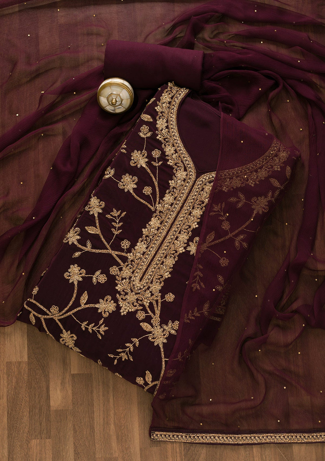 Wine Stonework Crepe Unstitched Salwar Kameez-Koskii