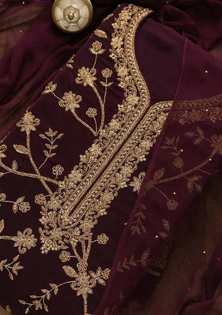 Wine Stonework Crepe Unstitched Salwar Kameez-Koskii