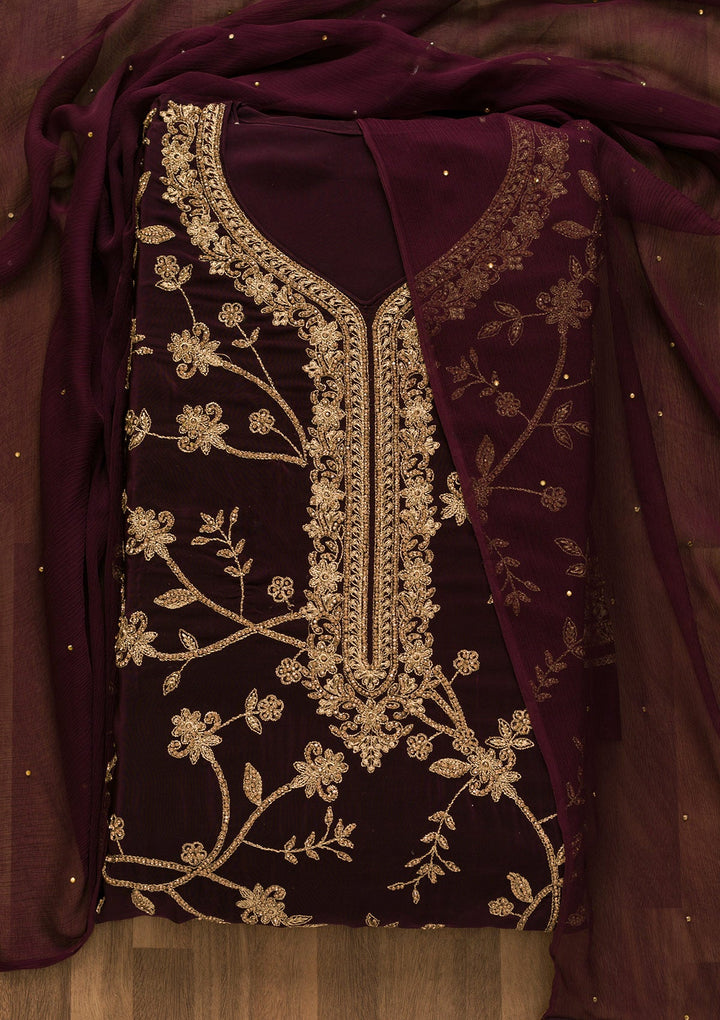 Wine Stonework Crepe Unstitched Salwar Kameez-Koskii