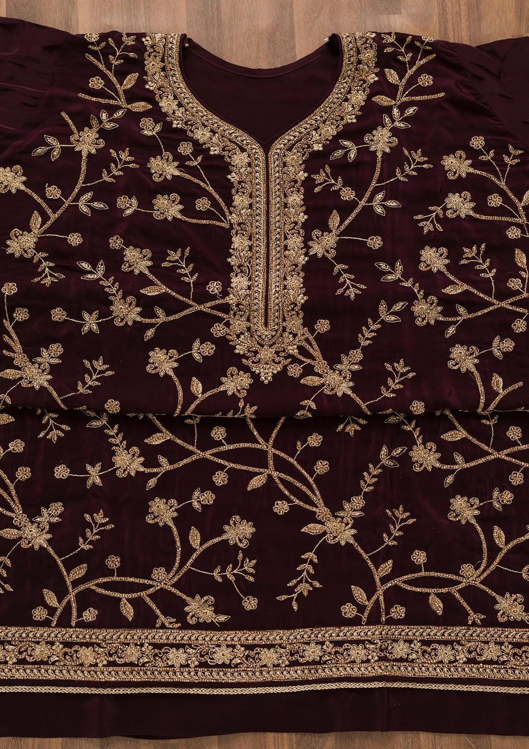 Wine Stonework Crepe Unstitched Salwar Kameez-Koskii