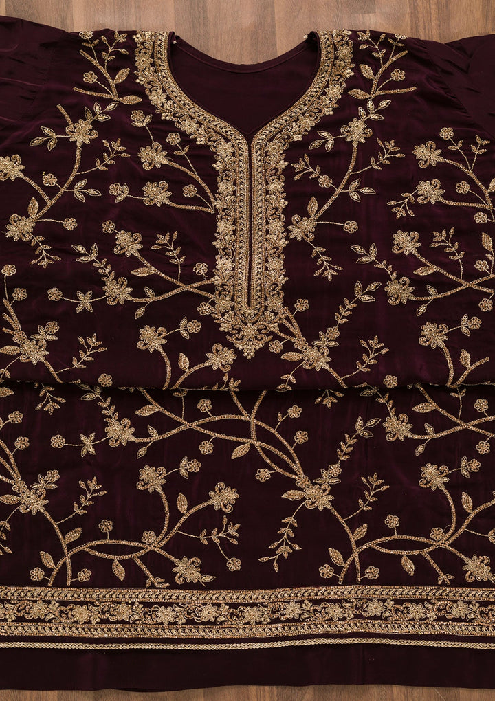 Wine Stonework Crepe Unstitched Salwar Kameez-Koskii