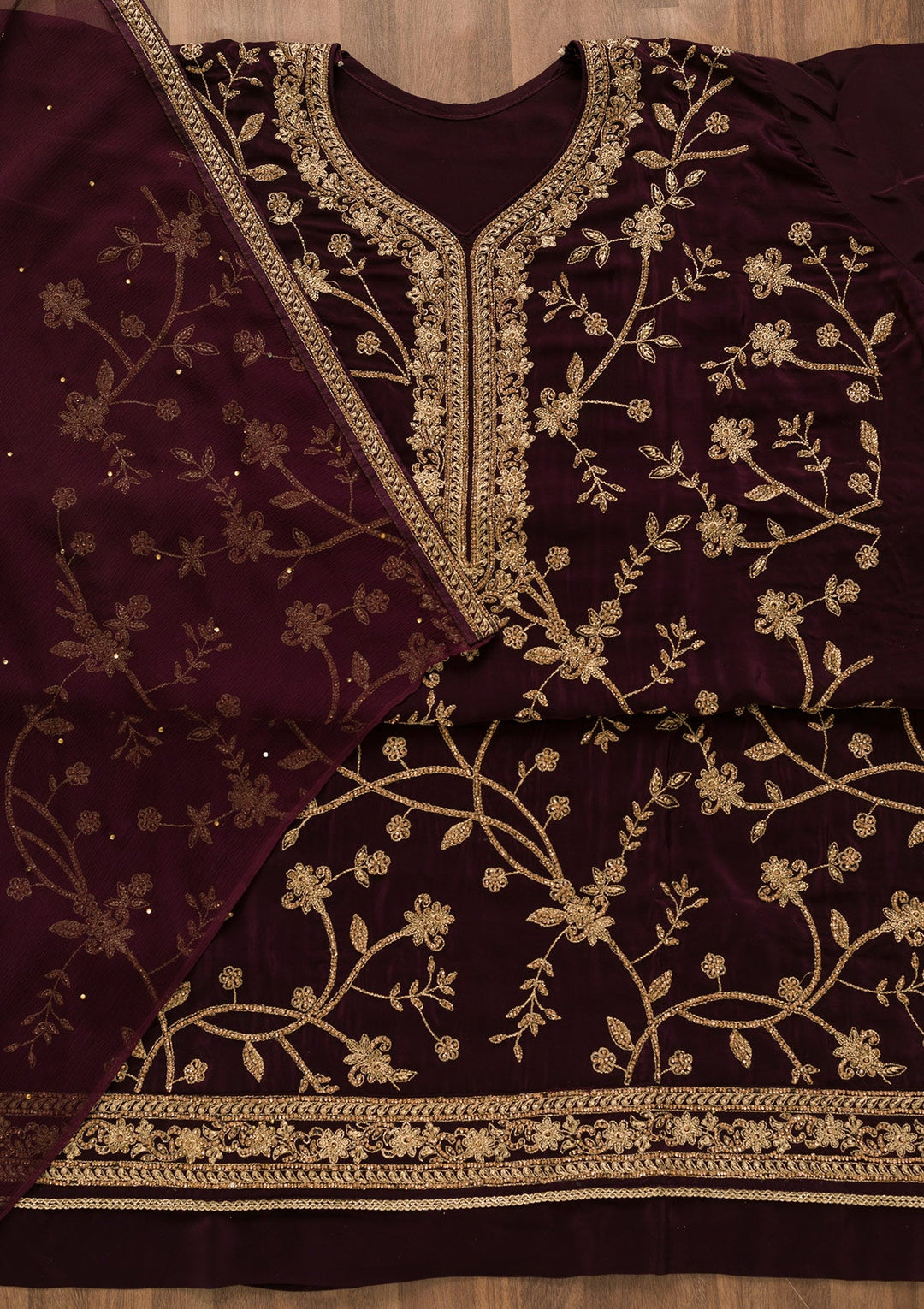 Wine Stonework Crepe Unstitched Salwar Kameez-Koskii